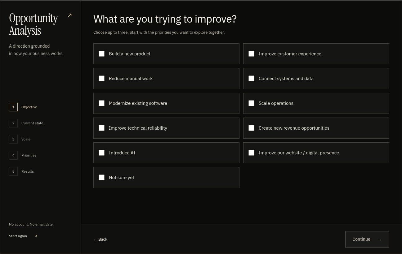 The full assessment's implemented objective stage: a bounded workspace with native choices, progress and an explicit Continue action.
